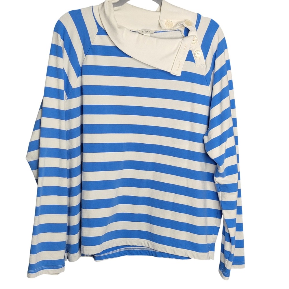 J Crew Sweatshirt Women XXL Blue Striped Button Neck Rugby Costal Preppy Sailor
